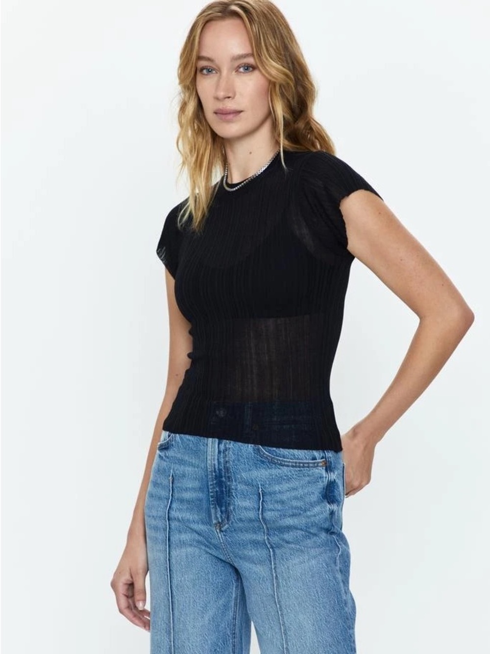 Pistola Denim Romy Tee Noir Black Semi Sheer Stretch Top Minimalist Clean Girl M